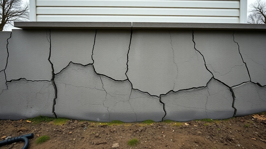 Треснувший фундамент загородного дома: глубокие трещины в бетоне, повреждения от влаги