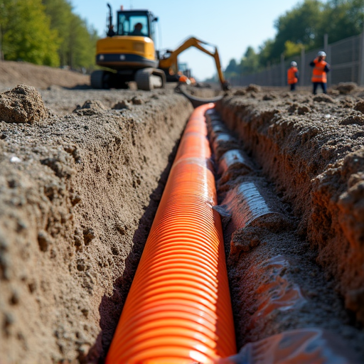 Монтаж профессиональной дренажной системы: траншея с оранжевой трубой, геотекстиль, щебень