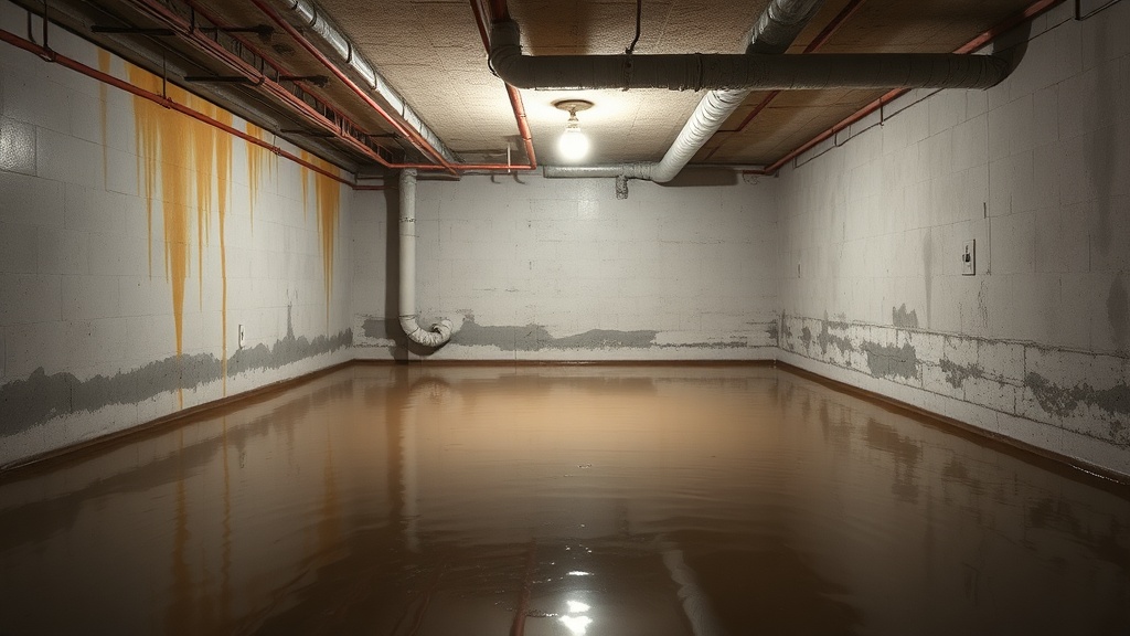 Затопленный подвал загородного дома: стоячая вода на полу, плесень на стенах, сырость